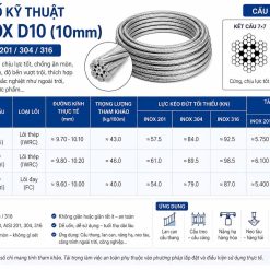 thông số kỹ thuật cáp inox D10 - thông số kỹ thuật cáp thép inox D10