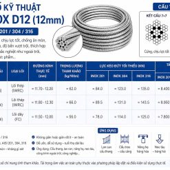 thông số kỹ thuật cáp inox D12 - thông số kỹ thuật cáp thép inox D12