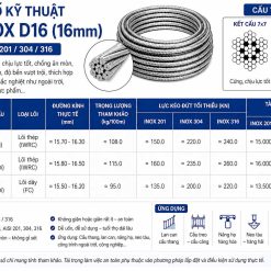 thông số kỹ thuật cáp inox D16 - thông số kỹ thuật cáp thép inox D16