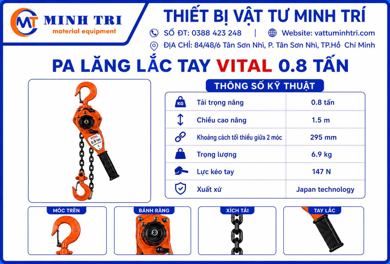 thông số kỹ thuật pa lăng lắc tay vital 0.8 tấn