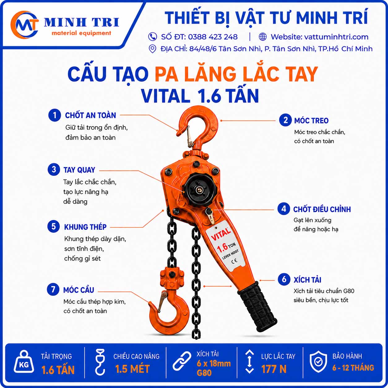 cấu tạo pa lăng lắc tay vital 1.6 tấn