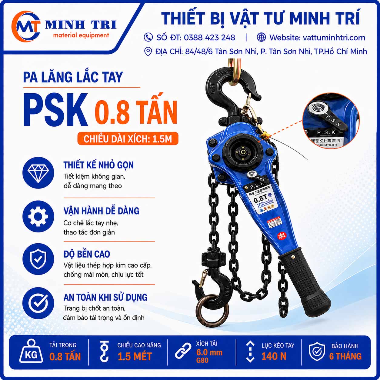pa lăng lắc tay psk 0.8 tấn - 1.5M - palang lắc tay