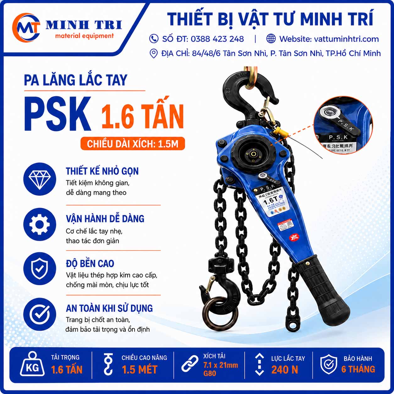 pa lăng lắc tay psk 1.6 tấn