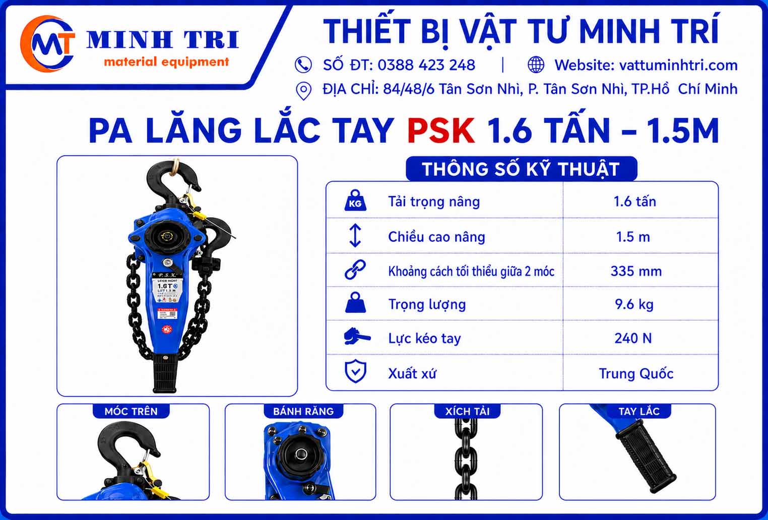 thông số pa lăng lắc tay psk 1.6 tấn