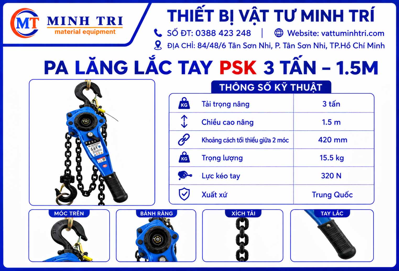 thông số kỹ thuật pa lăng lắc tay psk 3 tấn
