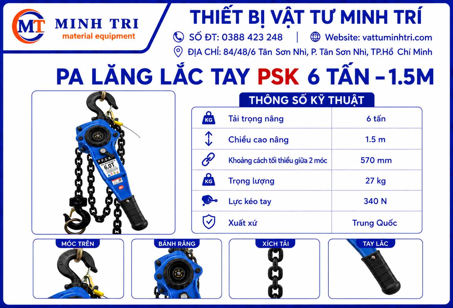 thông số kỹ thuật pa lăng lắc tay psk 6 tấn