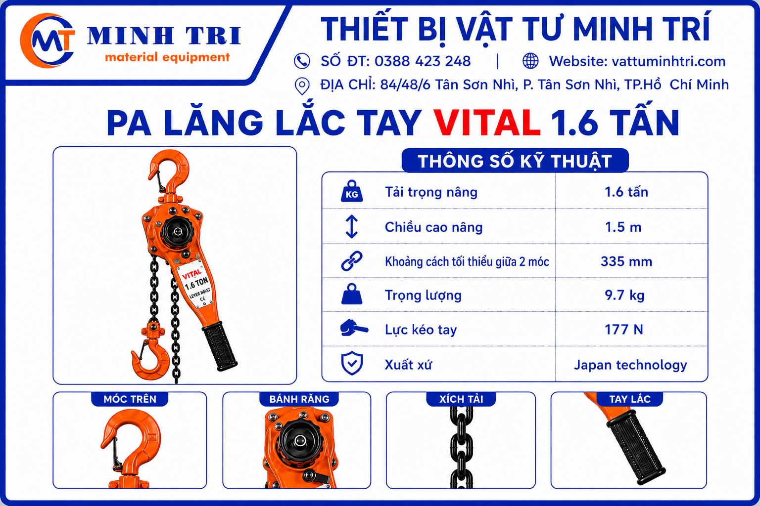thông số kỹ thuật pa lăng lắc tay vital 1.6 tấn