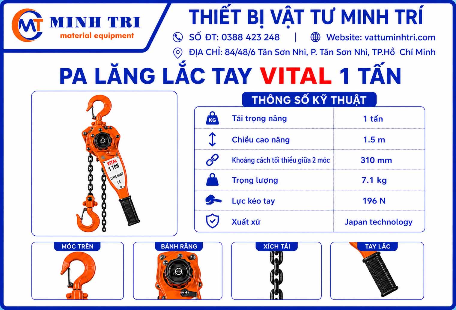 thông số kỹ thuật pa lăng lắc tay vital 1 tấn