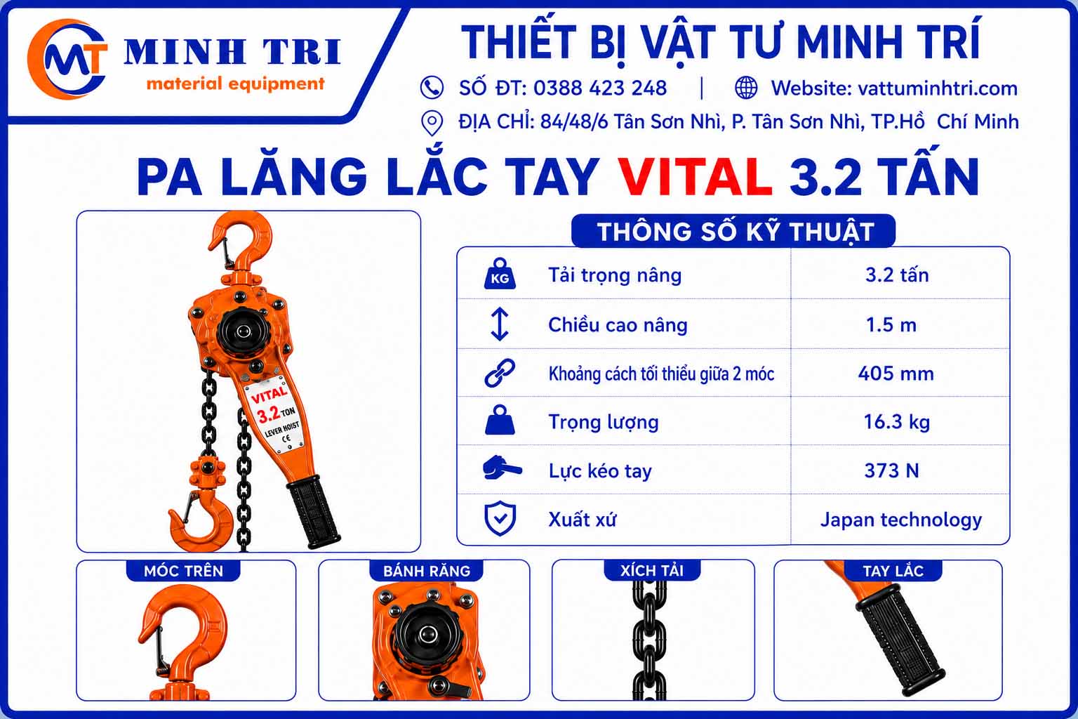 thông số kỹ thuật pa lăng lắc tay vital 3.2 tấn