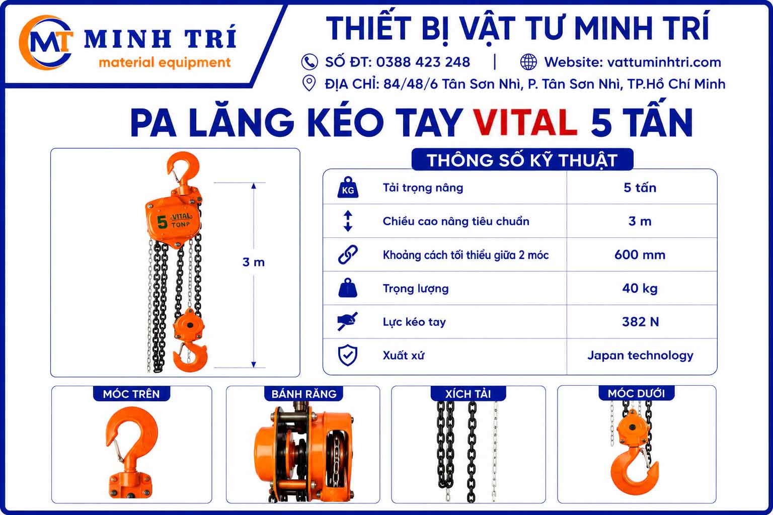 Thông số kỹ thuật pa lăng kéo tay Vital 5 tấn