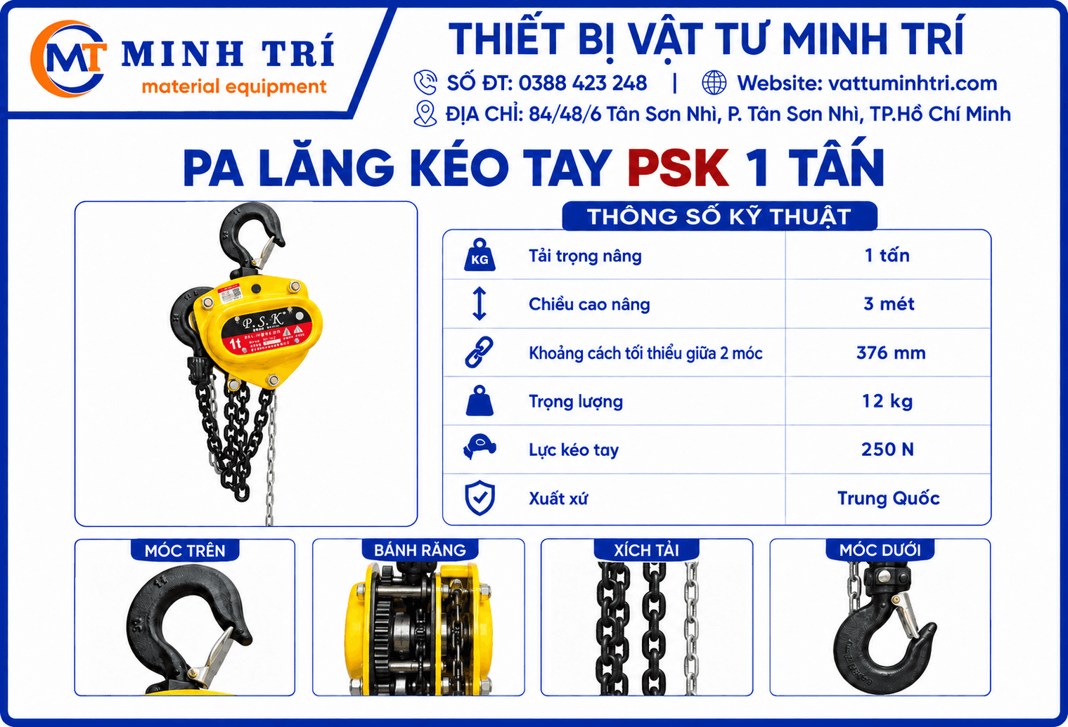 Thông số kỹ thuật pa lăng kéo tay PSK 1 tấn