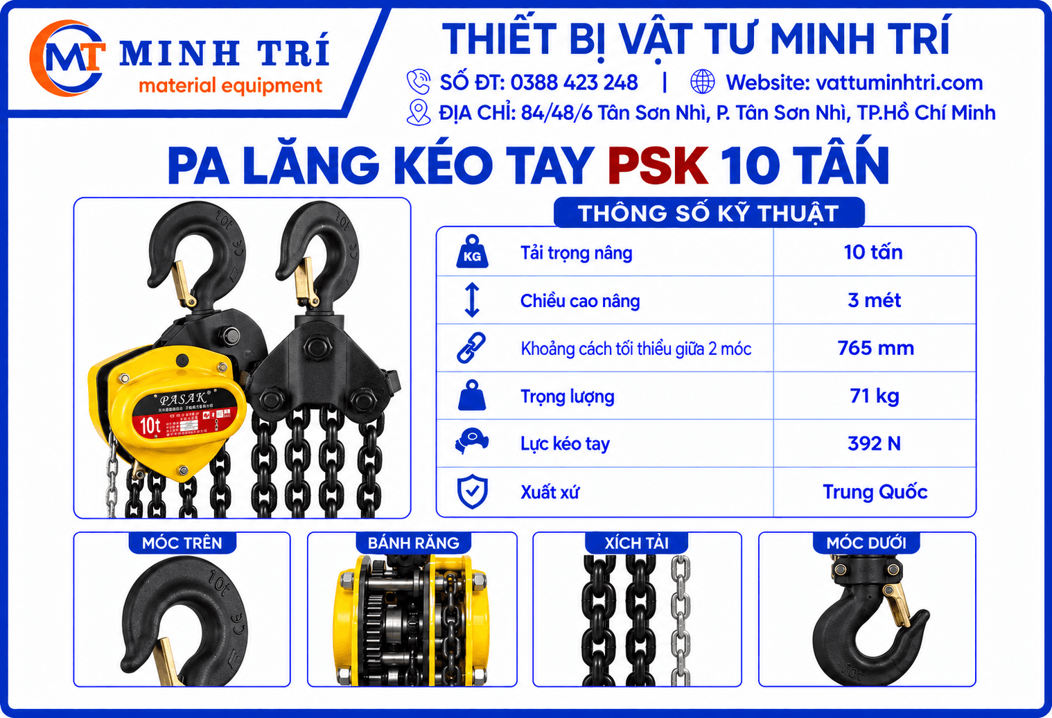 Thông số kỹ thuật pa lăng kéo tay PSK 10 tấn