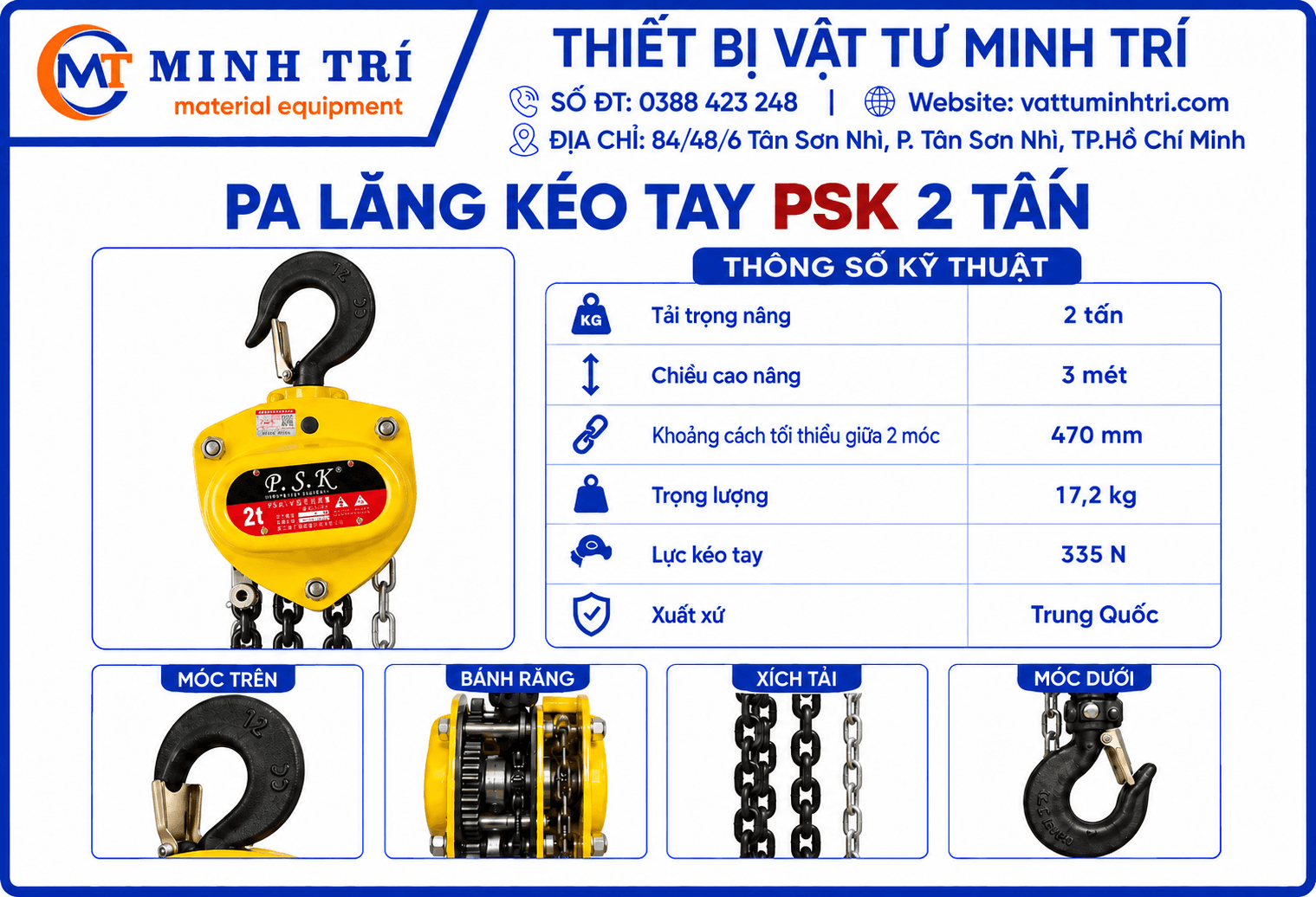 Thông số kỹ thuật pa lăng kéo tay PSK 2 tấn