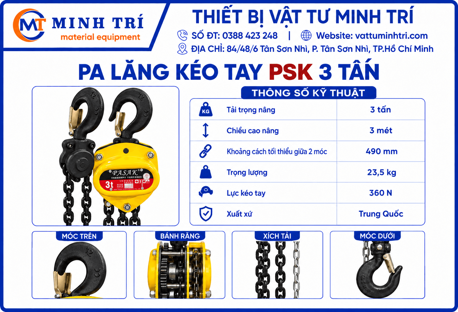 Thông số kỹ thuật pa lăng kéo tay PSK 3 tấn