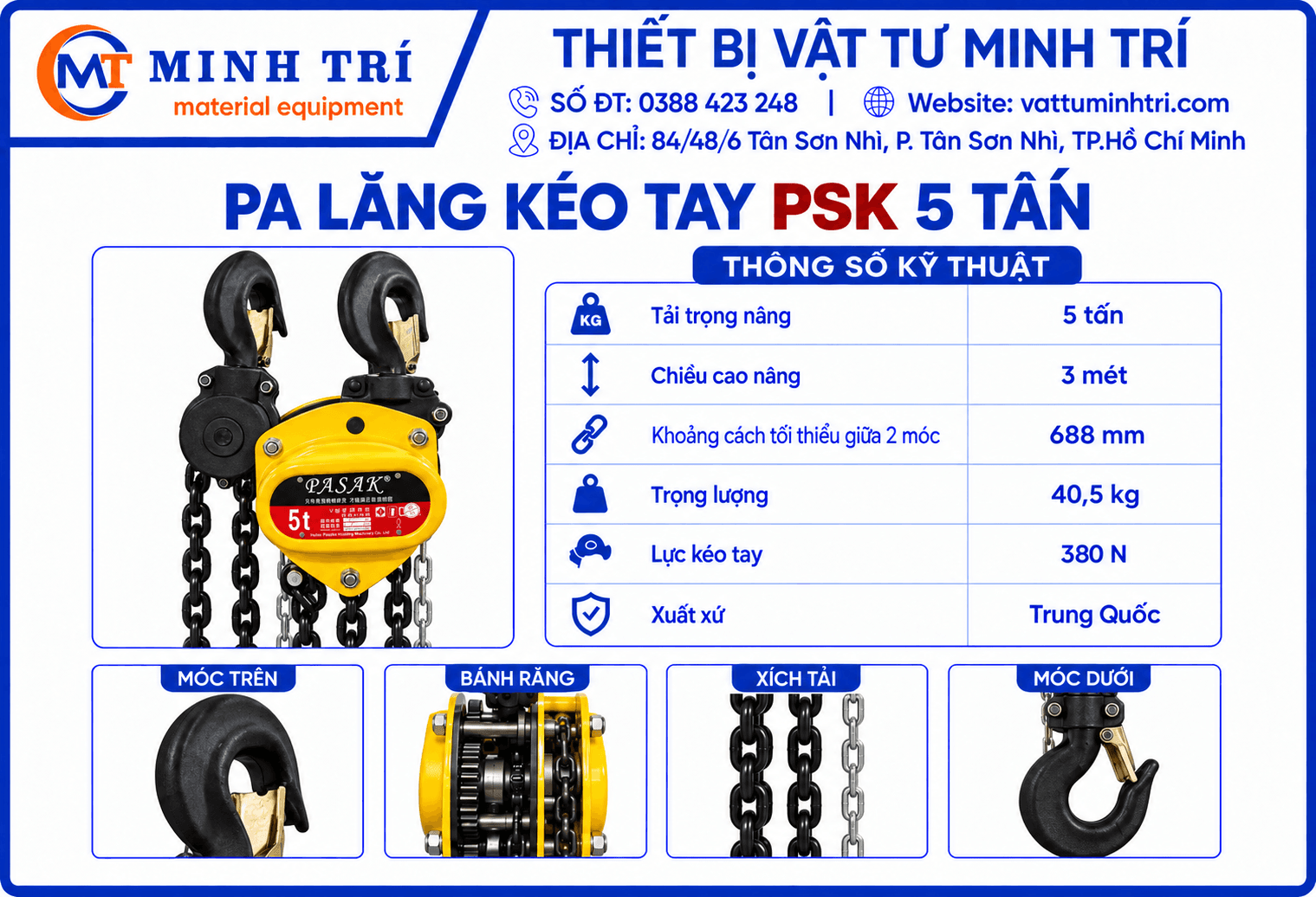 Thông số kỹ thuật pa lăng kéo tay PSK 5 tấn
