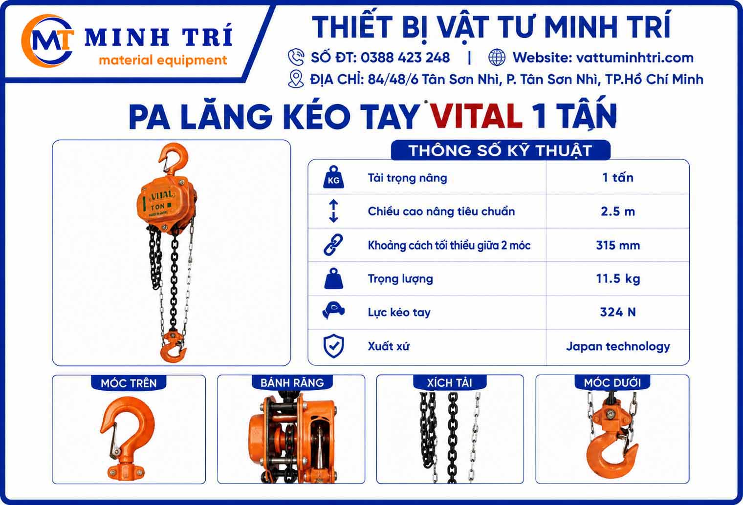 thông số kỹ thuật pa lăng kéo tay vital 1 tấn