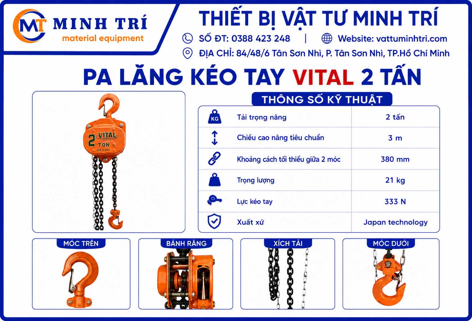 thông số kỹ thuật pa lăng kéo tay vital 2 tấn