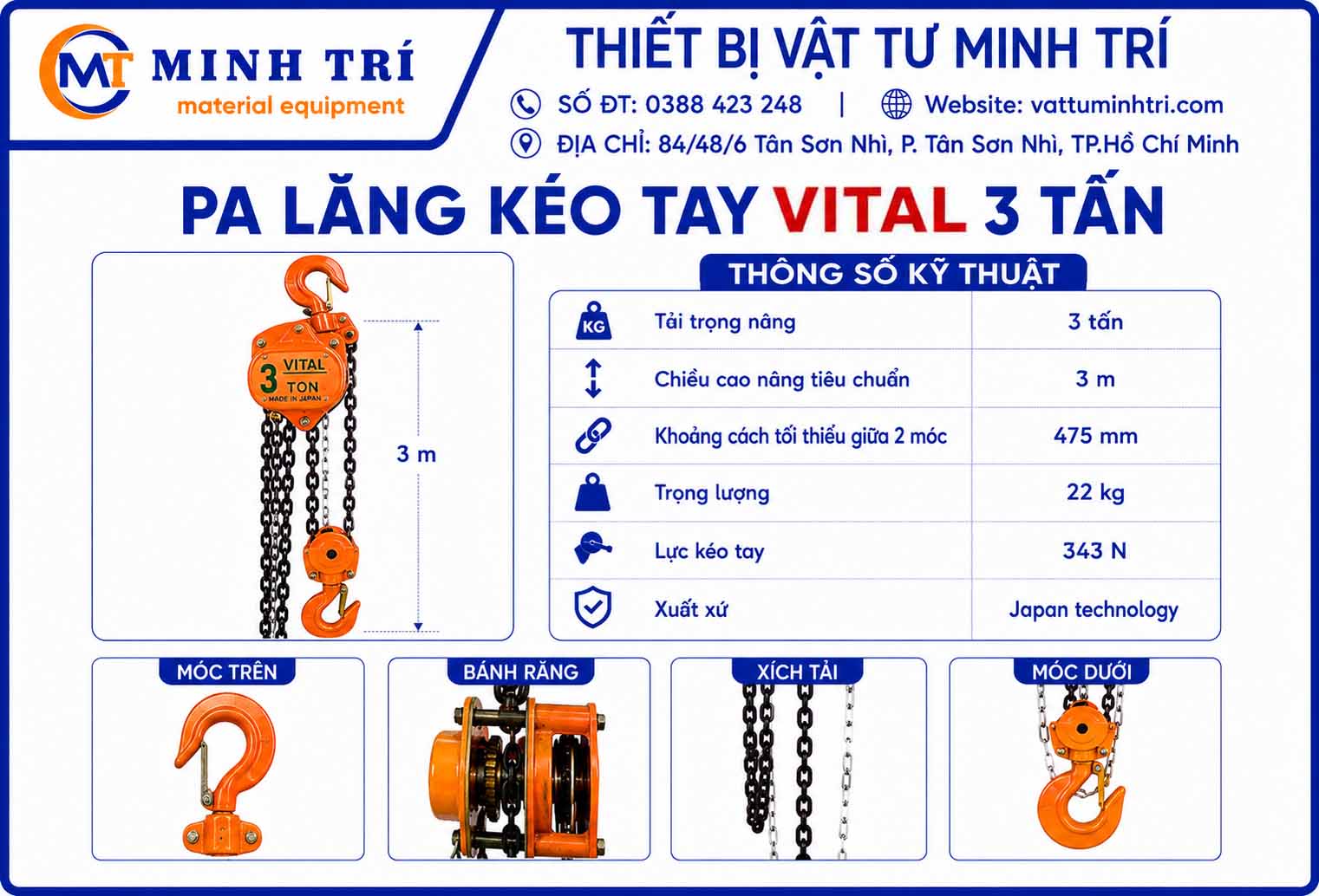 thông số kỹ thuật pa lăng kéo tay vital 3 tấn