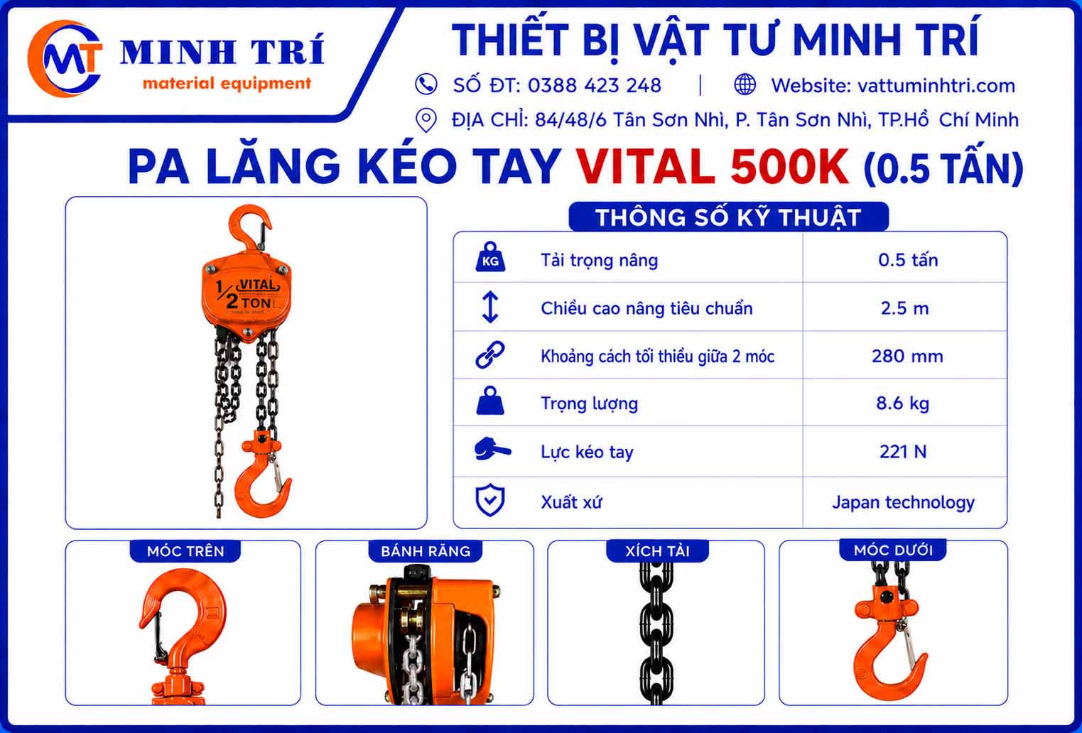 thông số kỹ thuật pa lăng kéo tay vital 500kg