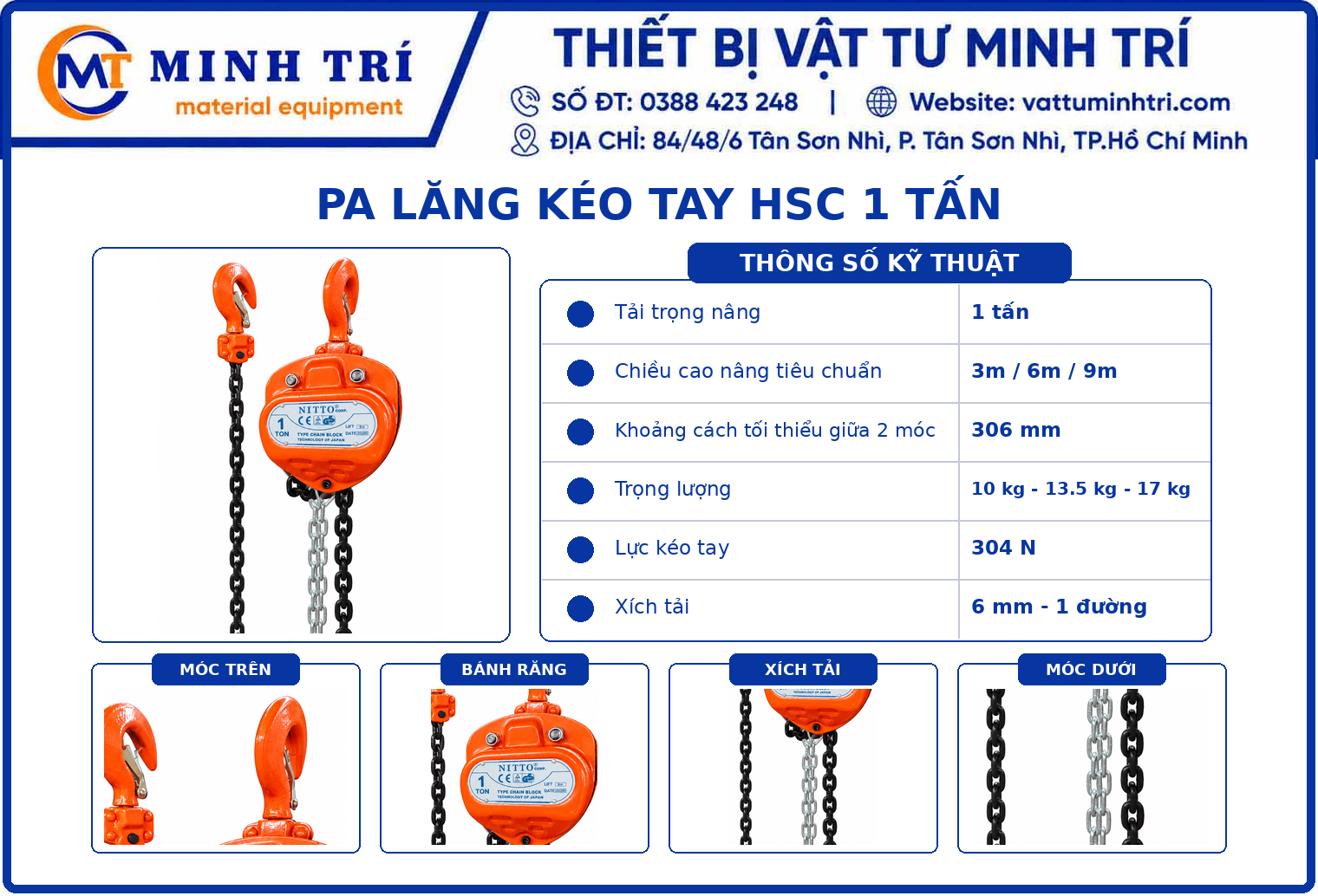 Thông số kỹ thuật Pa lăng kéo tay HSC 1 tấn