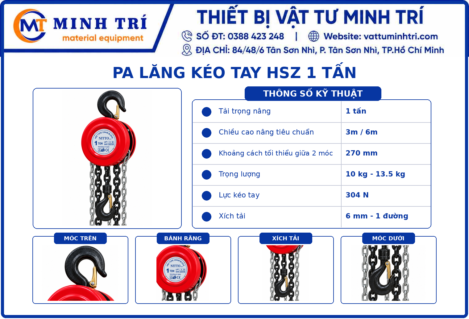 Thông số kỹ thuật Pa lăng kéo tay HSZ 1 tấn