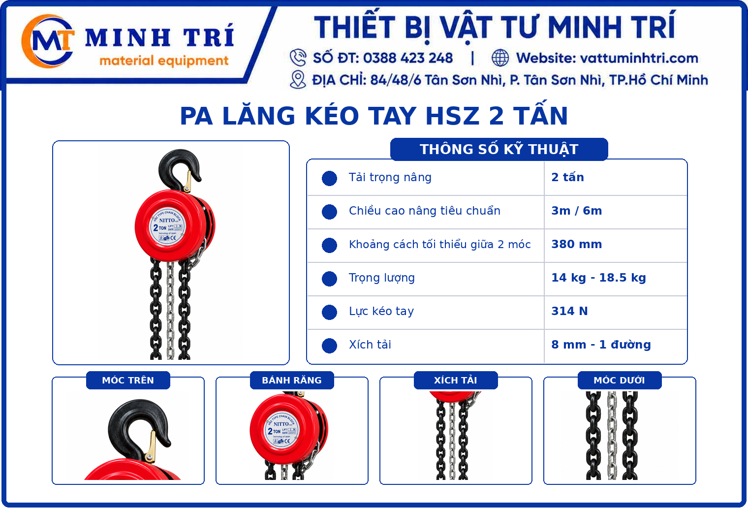 Thông số kỹ thuật Pa lăng kéo tay HSZ 2 tấn