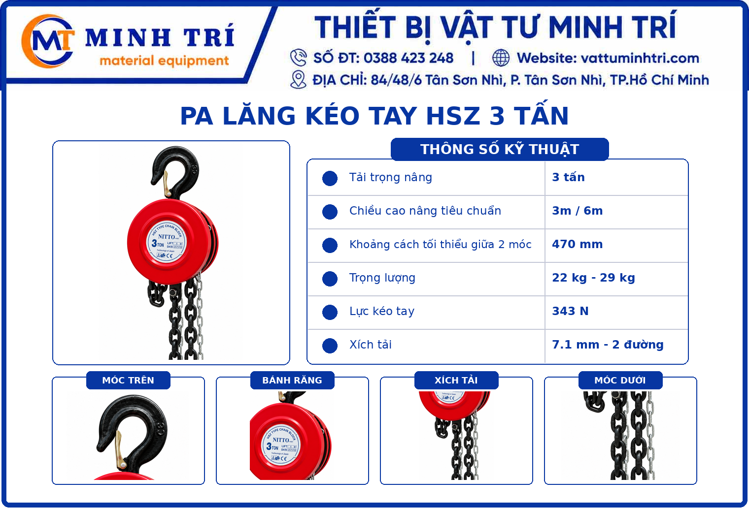 Thông số kỹ thuật Pa lăng kéo tay HSZ 3 tấn