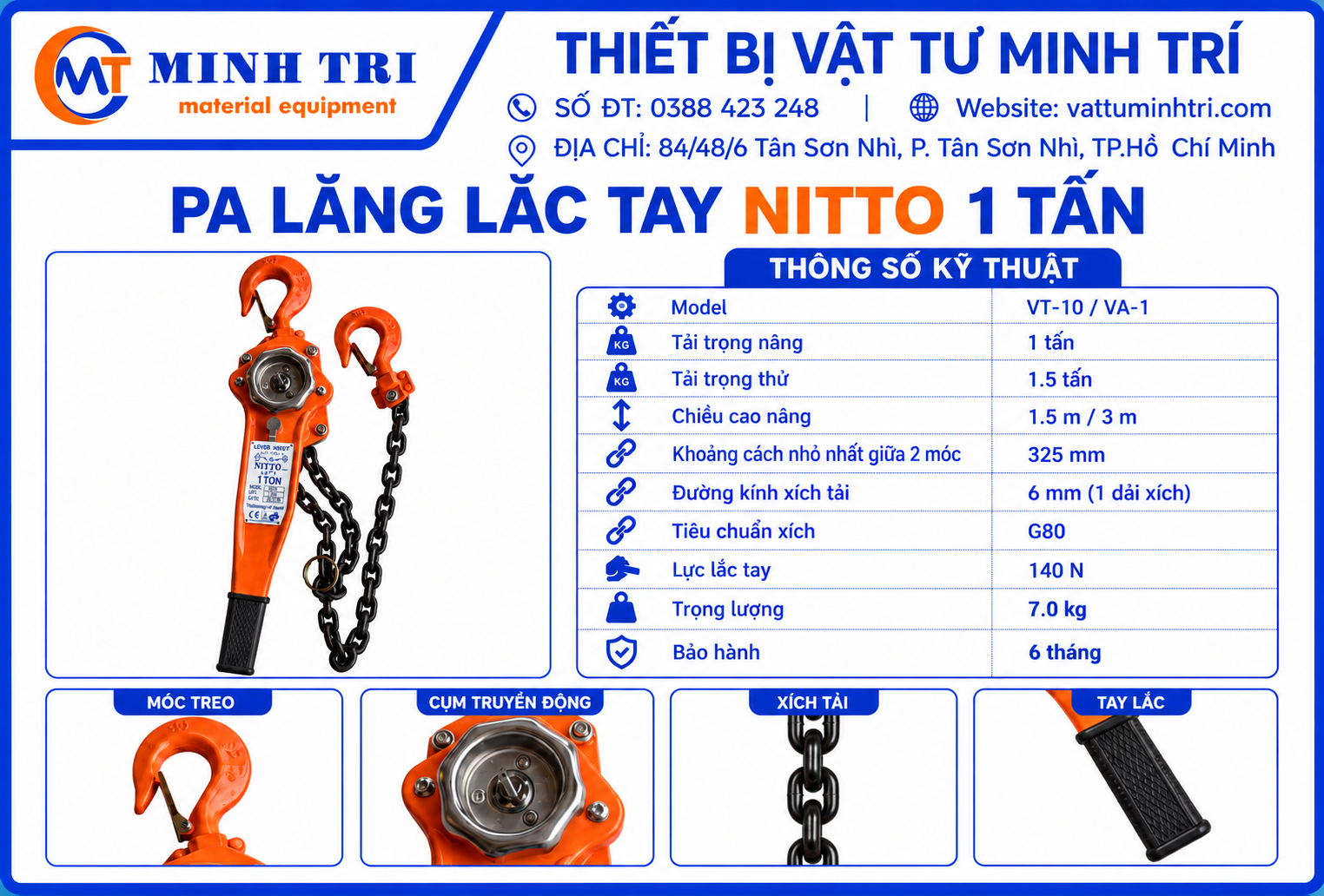 Hình minh họa thông số Pa lăng lắc tay Nitto 1 tấn