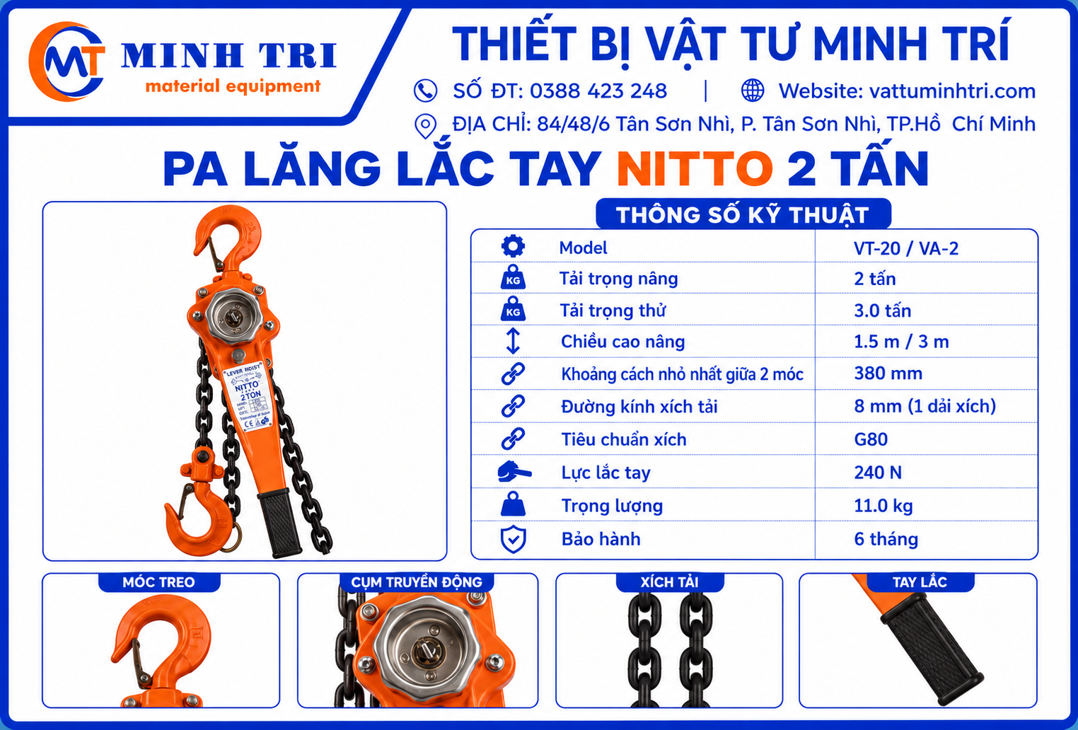 Hình minh họa thông số Pa lăng lắc tay Nitto 2 tấn