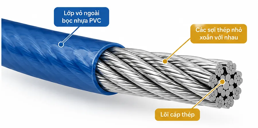 Hình minh họa cấu tạo dây cáp thép: lớp nhựa PVC, sợi thép bện và lõi cáp